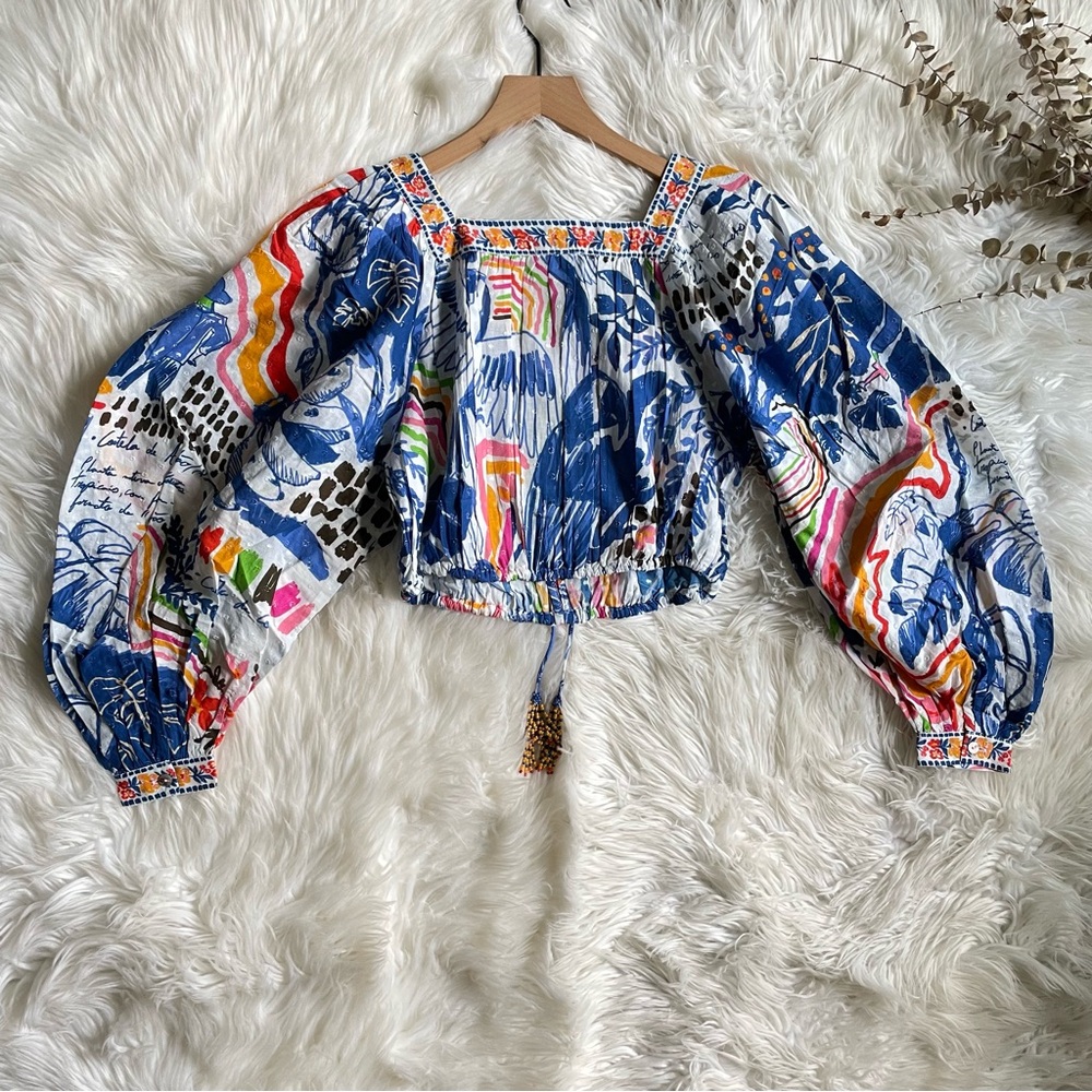 Farm Rio Wild Brazil Cotton Crop Top Drawstring Button Front Multicolor NWT XS - Picture 13 of 16